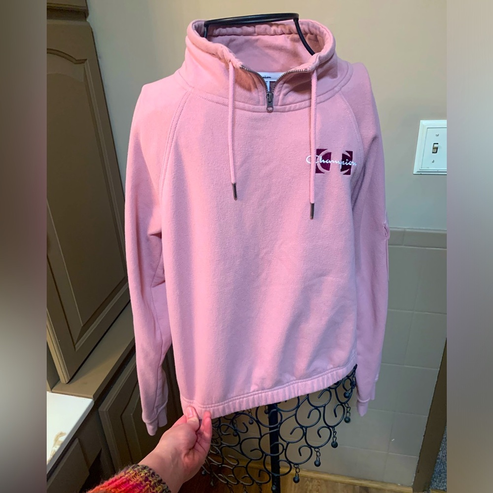 CHAMPION Light Pink Quarter-Zip Hoodie Sweatshirt